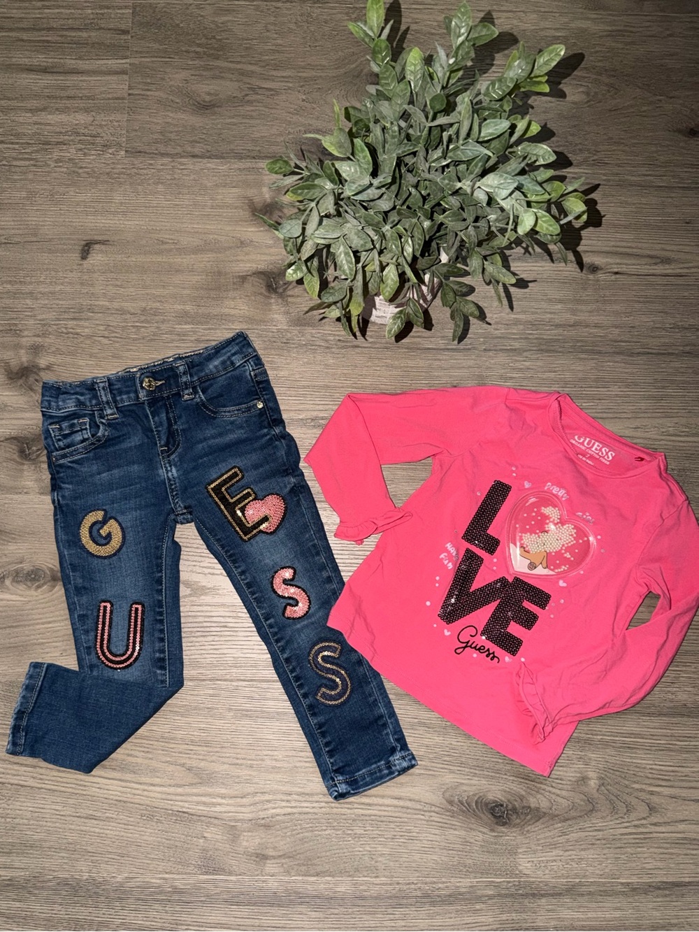 GUESS Pink 'LOVE' Graphic Top with Embellished Dark Blue Jeans